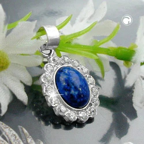 Anhänger 17x11mm oval mit Lapislazuli und Zirkonias Silber 925-Anhänger Zirkonia weiß Silber-Schmuckhoelle.com