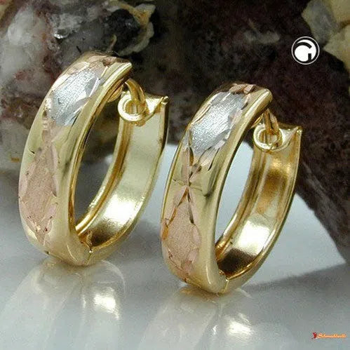 Creole Ohrring 12x3mm Klappscharnier tricolor diamantiert 9Kt GOLD-Creolen mit Klappscharnier GOLD-Schmuckhoelle.com