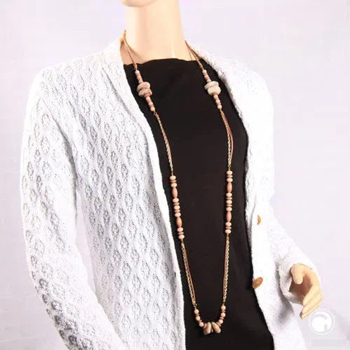 Kette Perlen Holz und Kunststoff horn-braun mit goldfarbener Kordelkette 130cm-Ketten beige-braun-Schmuckhoelle.com