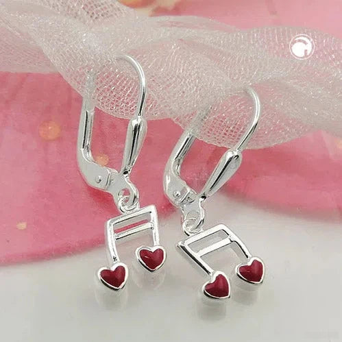 Ohrbrisur Ohrhänger Ohrringe 24x7mm Musiknote Doppelnoten mit Herz rot Silber 925-Kinder-Ohrringe Silber-Schmuckhoelle.com