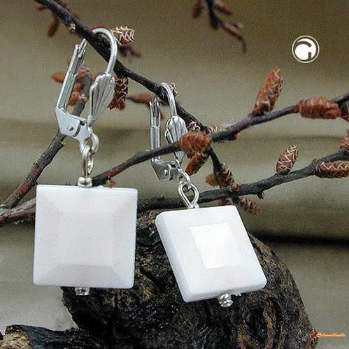 Ohrbrisur Ohrhänger Ohrringe 35mm silberfarben Quadrat weiß-glänzend Kunststoffperle-Brisuren Modeschmuck-Schmuckhoelle.com