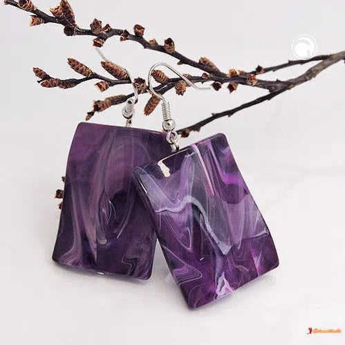 Ohrhaken Ohrhänger Ohrringe 56x25mm Viereck Kunststoff gewellt lila-weiß-marmoriert-Ohrhaken Modeschmuck-Schmuckhoelle.com
