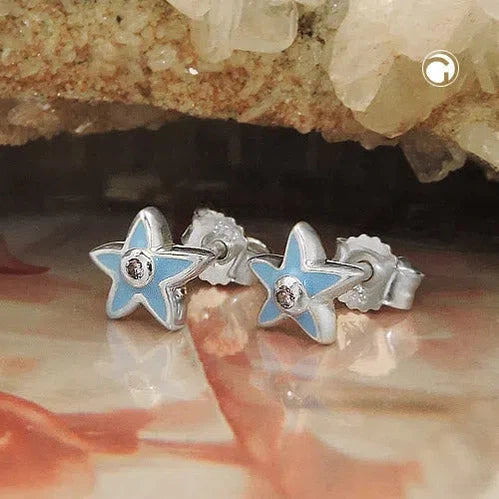 Ohrstecker Ohrring 7x6mm Kinderohrring Stern hellblau Zirkonia pink Silber 925-Kinder-Ohrstecker Silber-Schmuckhoelle.com