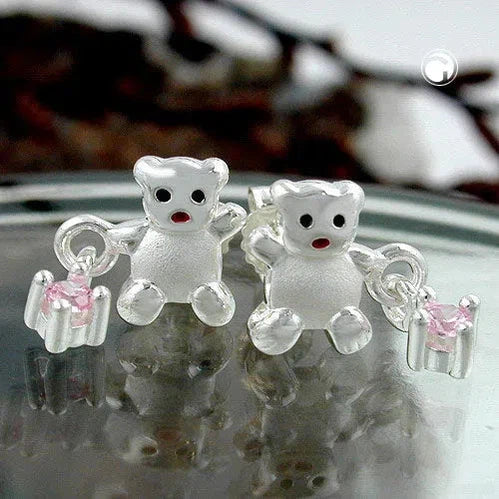 Ohrstecker Ohrring 8x15mm Kinderohrring Bär mit Zirkonia pink matt-glänzend Silber 925-Kinder-Ohrstecker Silber-Schmuckhoelle.com