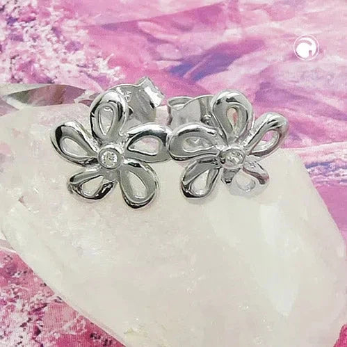 Ohrstecker Ohrring 9mm Blume Zirkonia weiß glänzend rhodiniert Silber 925-Ohrstecker Zirkonia weiß Silber-Schmuckhoelle.com