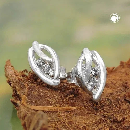 Ohrstecker Ohrring 9x5mm Blatt matt-glänzend mit Zirkonias Silber 925-Ohrstecker Zirkonia weiß Silber-Schmuckhoelle.com