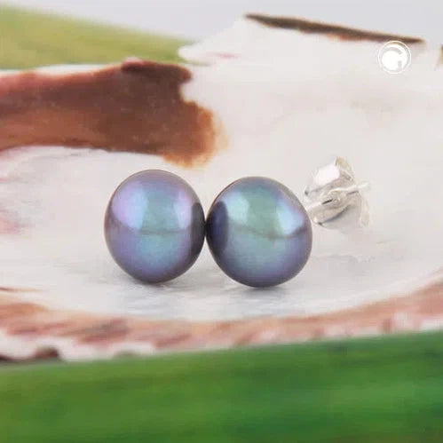 Ohrstecker Ohrring ca. 8x6mm Süßwasserzuchtperle dunkelgrün flach Silber 925-Zuchtperlen Ohrstecker Silber-Schmuckhoelle.com