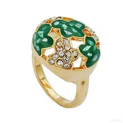 Ring 17mm mit weißen Glassteinen grün-emaillierten Flächen vergoldet-Ringe Modeschmuck-Schmuckhoelle.com