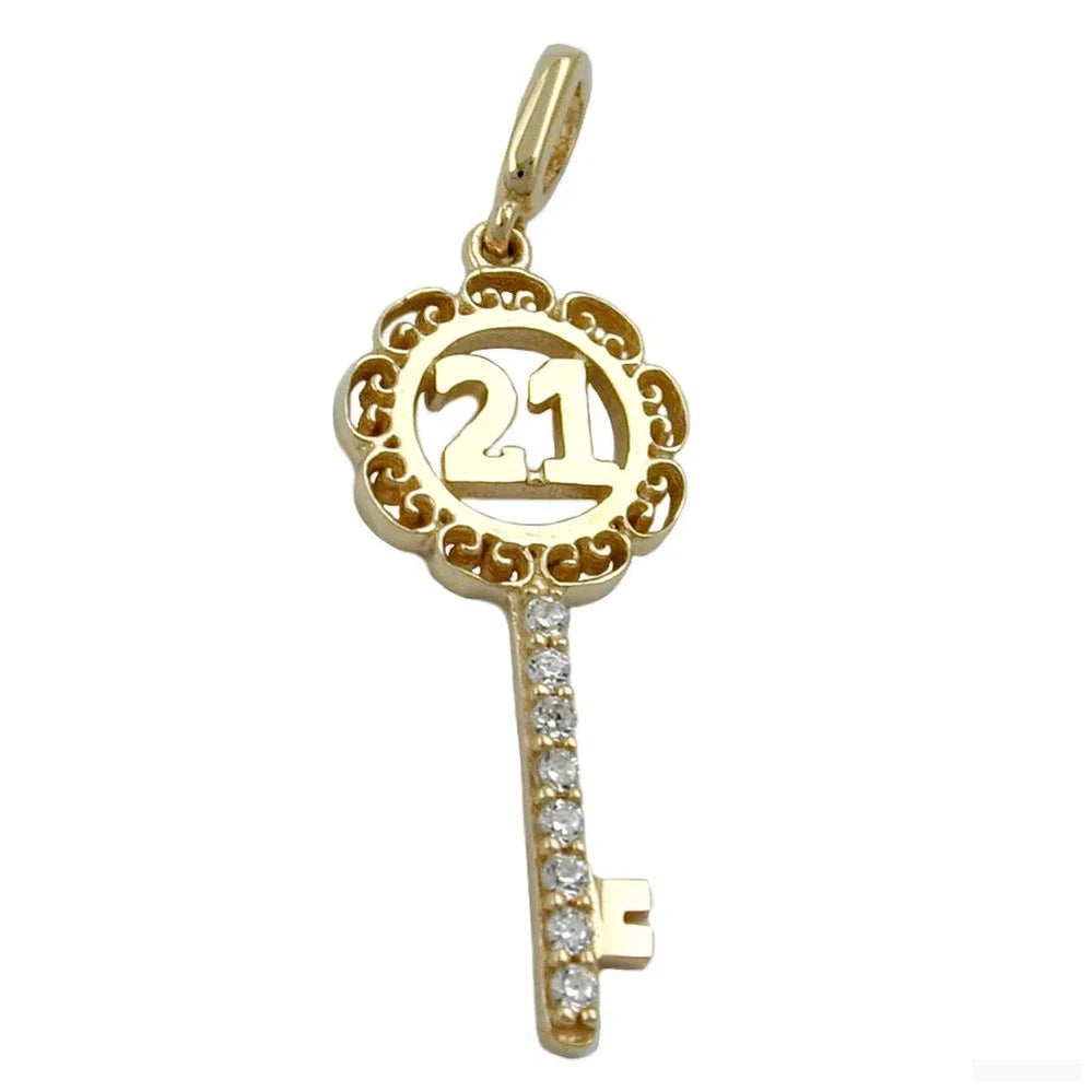 Anhänger 23x10mm Schlüssel mit Zahl -21- 9Kt GOLD-Anhänger Zirkonia weiß GOLD-Schmuckhoelle.com