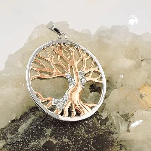 Anhänger 26mm Lebensbaum bicolor rotvergoldet mit Zirkonias rhodiniert Silber 925-Anhänger Zirkonia weiß Silber-Schmuckhoelle.com
