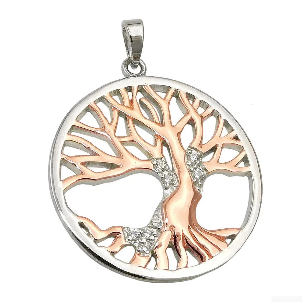 Anhänger 26mm Lebensbaum bicolor rotvergoldet mit Zirkonias rhodiniert Silber 925-Anhänger Zirkonia weiß Silber-Schmuckhoelle.com
