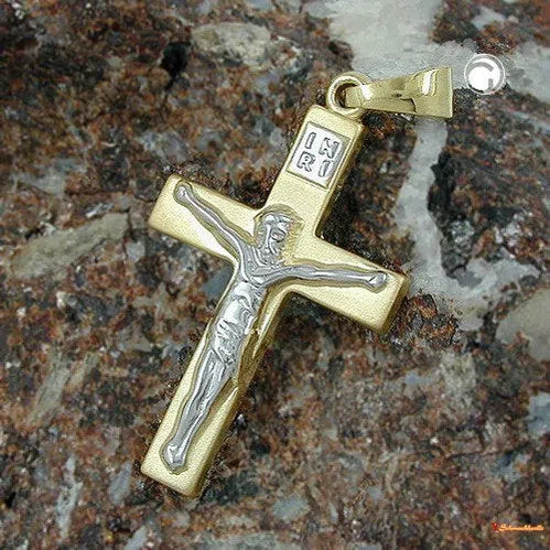 Anhänger 27x16mm Kreuz mit Jesus bicolor glänzend 9Kt GOLD-Kreuzanhänger GOLD-Schmuckhoelle.com