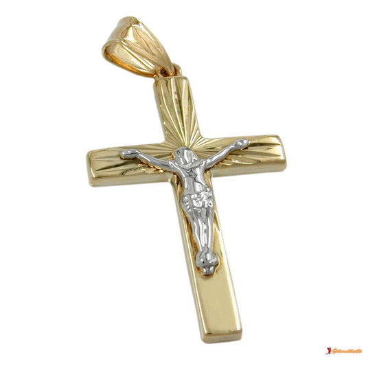 Anhänger 34x17mm Kreuz mit Jesus bicolor glänzend diamantiert 9Kt GOLD-Kreuzanhänger GOLD-Schmuckhoelle.com