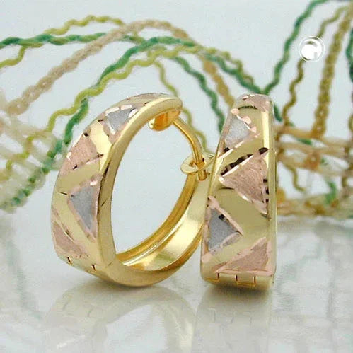 Creole Ohrring 14x13x5mm Klappscharnier tricolor diamantiert 9Kt GOLD-Creolen mit Klappscharnier GOLD-Schmuckhoelle.com