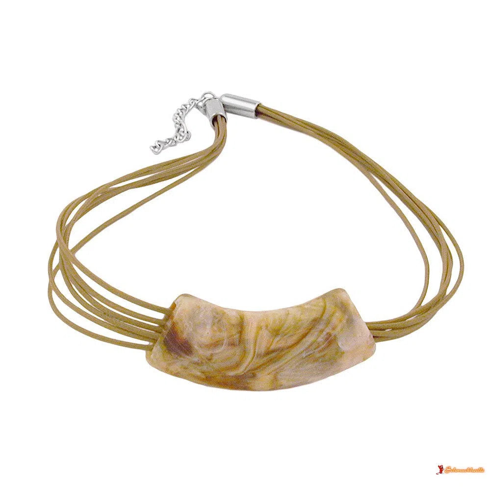 Kette 54x19mm Anhänger Rohr flach gebogen weiß-oliv-marmoriert glänzend Kunststoff 45cm-Rohrketten bis 50cm-Schmuckhoelle.com