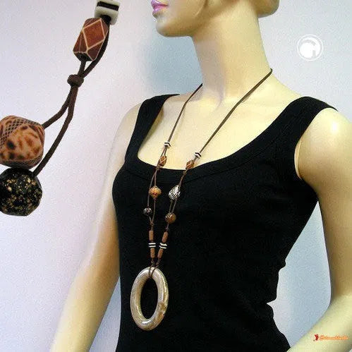 Kette 88x66mm Ring braun-beige Kunststoffperlen Baumwollkordel braun 95cm-Ketten beige-braun-Schmuckhoelle.com