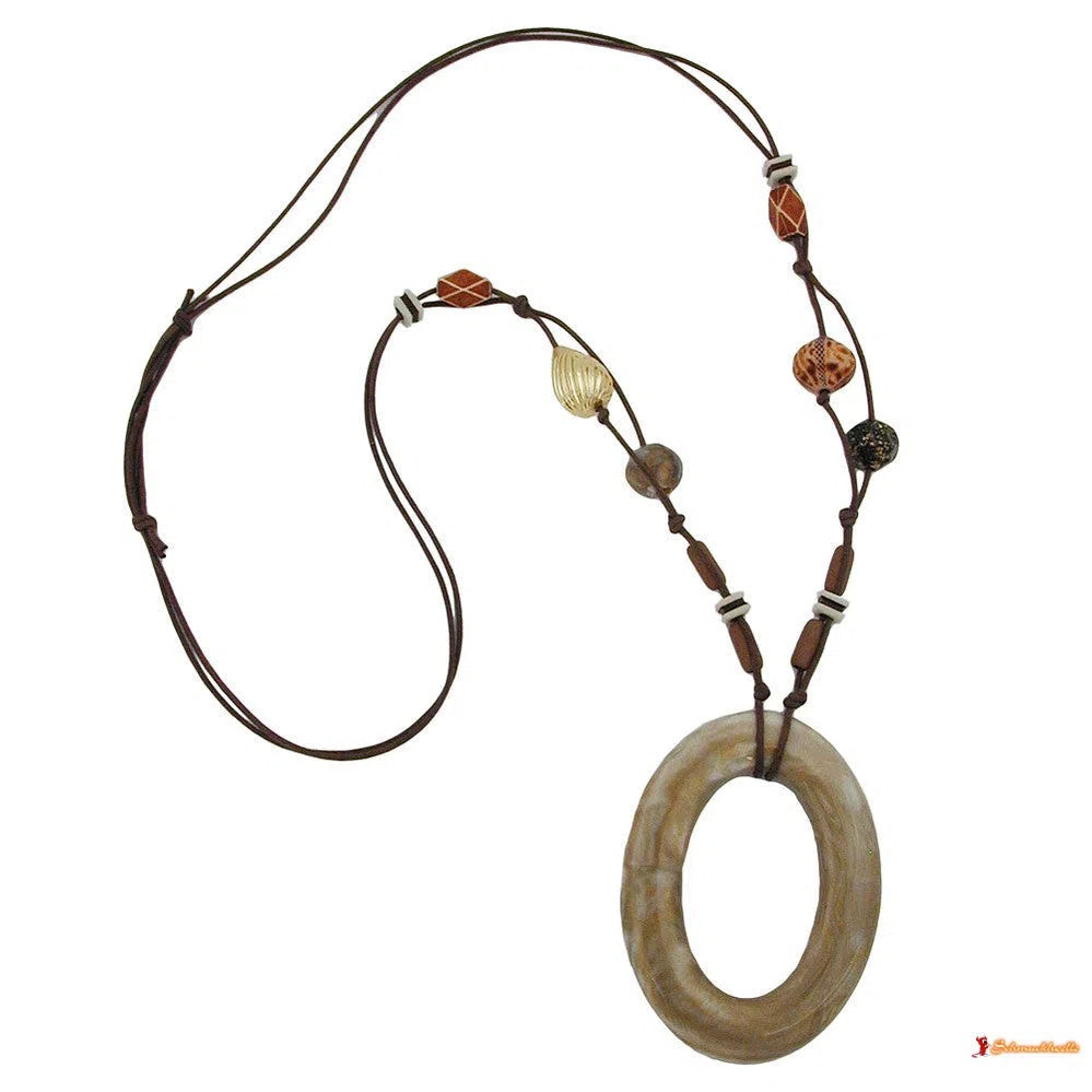 Kette 88x66mm Ring braun-beige Kunststoffperlen Baumwollkordel braun 95cm-Ketten beige-braun-Schmuckhoelle.com