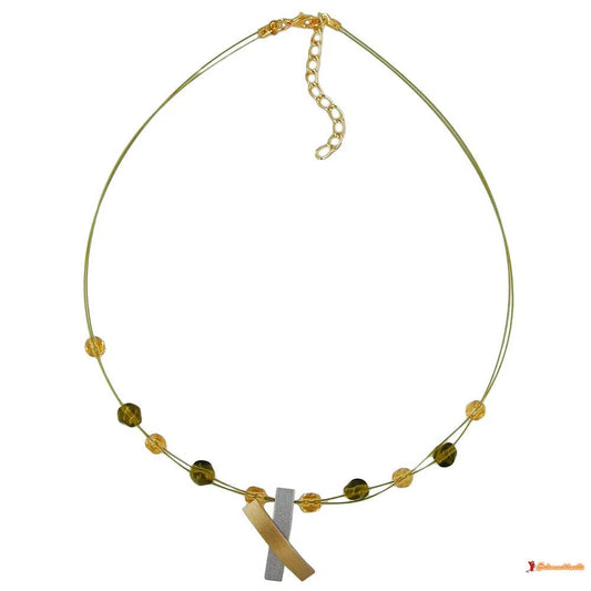 Kette Drahtkette Glasperlen olivfarben Metallanhänger X-Kreuz bicolor 42cm-Drahtketten mit Glasperlen-Schmuckhoelle.com