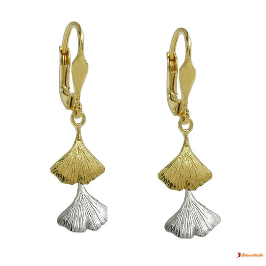 Ohrbrisur Ohrhänger Ohrringe 34x9mm Ginkgo-Blatt bicolor 9Kt GOLD-Ohrringe ohne Stein GOLD-Schmuckhoelle.com