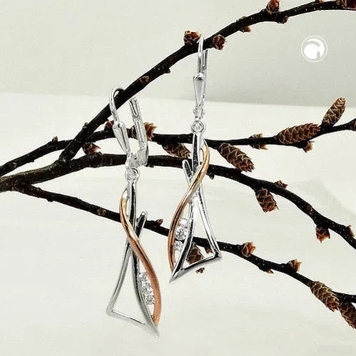 Ohrbrisur Ohrhänger Ohrringe 40x9mm Dreieck mit Zirkonias bicolor rosé vergoldet Silber 925-Ohrringe Zirkonia Silber-Schmuckhoelle.com