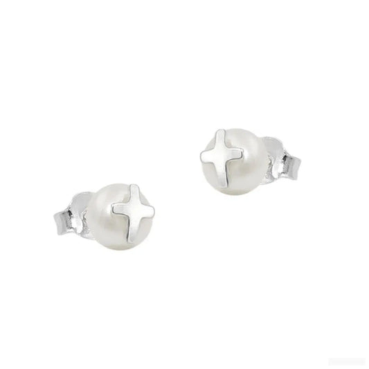 Ohrstecker Ohrring 6mm Süßwasserzuchtperle mit Silberkreuz Silber 925-Zuchtperlen Ohrstecker Silber-Schmuckhoelle.com