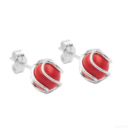 Ohrstecker Ohrring 7mm aufgearbeitete Koralle rot matt umwickelt Silber 925-Ohrstecker sonstige Steine Silber-Schmuckhoelle.com