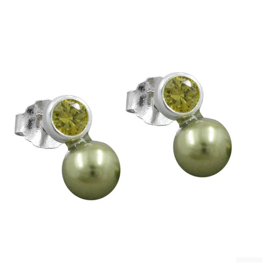 Ohrstecker Ohrring 7x4mm Zirkonia peridotfarbig Imitatperle olivgrün 925-Perlenimitate Ohrstecker Silber-Schmuckhoelle.com