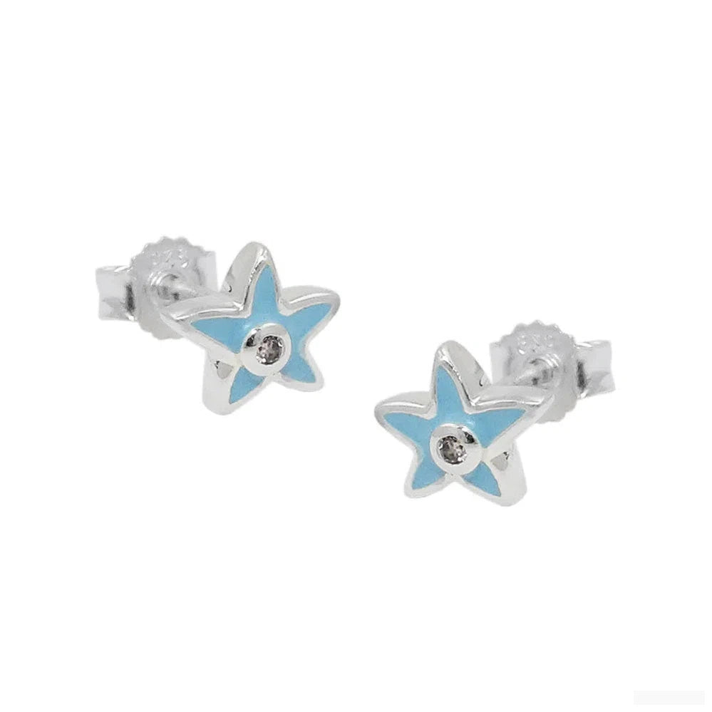 Ohrstecker Ohrring 7x6mm Kinderohrring Stern hellblau Zirkonia pink Silber 925-Kinder-Ohrstecker Silber-Schmuckhoelle.com