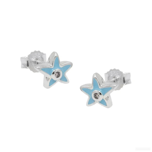 Ohrstecker Ohrring 7x6mm Kinderohrring Stern hellblau Zirkonia pink Silber 925-Kinder-Ohrstecker Silber-Schmuckhoelle.com