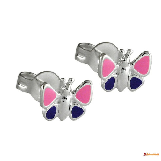Ohrstecker Ohrring 8mm Kinderohrring Schmetterling pink-lila-lackiert Silber 925-Kinder-Ohrstecker Silber-Schmuckhoelle.com