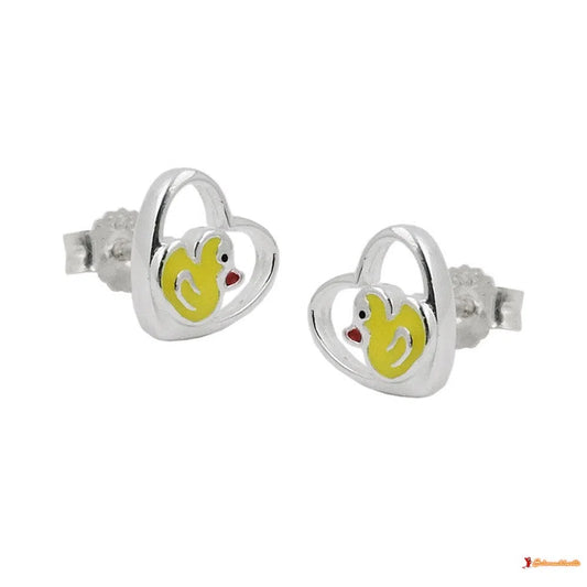 Ohrstecker Ohrring 8mm Kinderohrring kleine Ente im Herz farbig lackiert Silber 925-Kinder-Ohrstecker Silber-Schmuckhoelle.com
