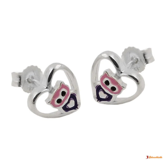 Ohrstecker Ohrring 8mm kleine Eule im Herz lila-pink glänzend Silber 925-Kinder-Ohrstecker Silber-Schmuckhoelle.com