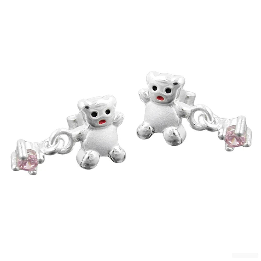 Ohrstecker Ohrring 8x15mm Kinderohrring Bär mit Zirkonia pink matt-glänzend Silber 925-Kinder-Ohrstecker Silber-Schmuckhoelle.com