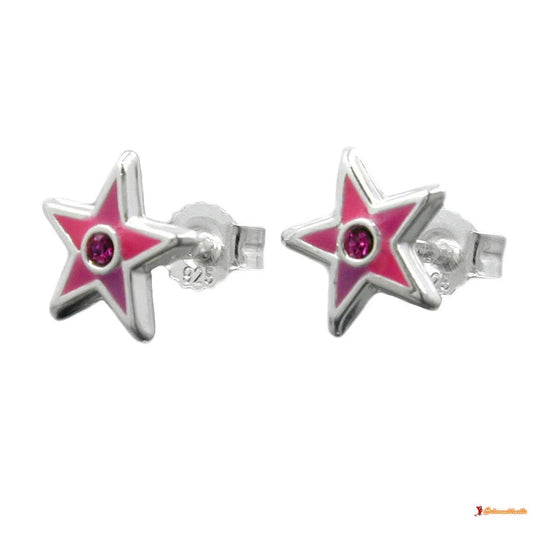 Ohrstecker Ohrring 8x8mm Kinderohrring Stern pink lackiert mit Glasstein pink Silber 925-Kinder-Ohrstecker Silber-Schmuckhoelle.com