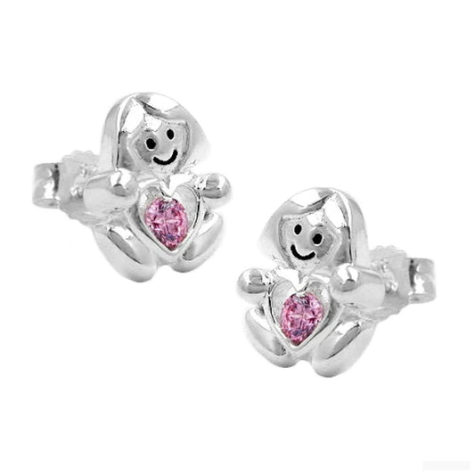 Ohrstecker Ohrring 95x8mm Kinderohrring Mädchen mit Herz Zirkonia pink glänzend Silber 925-Kinder-Ohrstecker Silber-Schmuckhoelle.com