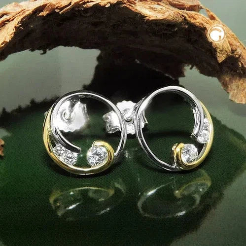Ohrstecker Ohrring 9mm Kreis mit Spirale bicolor mit Zirkonias Silber 925-Ohrstecker Zirkonia weiß Silber-Schmuckhoelle.com