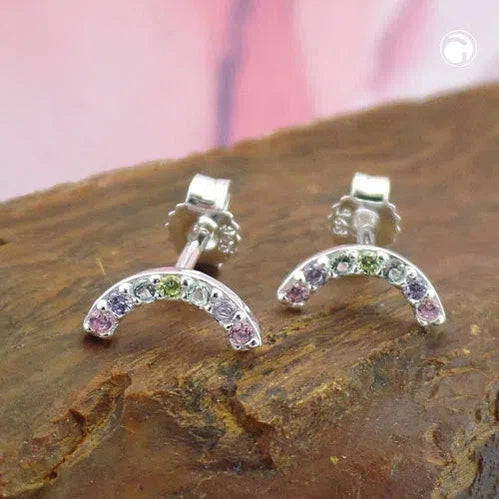 Ohrstecker Ohrring 9x4mm Halbkreis mit farbigen Zirkonias Silber 925-Ohrstecker Zirkonia farbig Silber-Schmuckhoelle.com