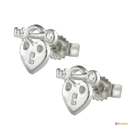 Ohrstecker Ohrring 9x8mm Herz Schloss und Schlüssel mit Zirkonia glänzend Silber 925-Herz-Ohrstecker Silber-Schmuckhoelle.com