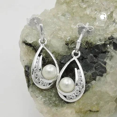 Ohrstecker Ohrring Ohrhänger 20x9mm Süßwasserzuchtperle mit Zirkonias Silber 925-Zuchtperlen Ohrstecker Silber-Schmuckhoelle.com