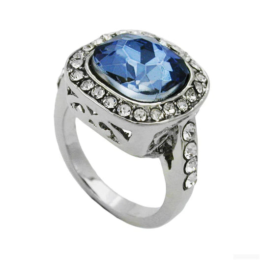Ring 155mm großer blauer Glasstein mit kleinen weißen Zirkonias rhodiniert-Ringe Modeschmuck-Schmuckhoelle.com
