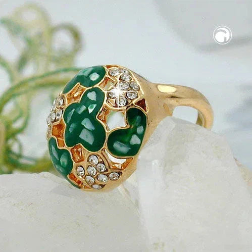 Ring 17mm mit weißen Glassteinen grün-emaillierten Flächen vergoldet-Ringe Modeschmuck-Schmuckhoelle.com