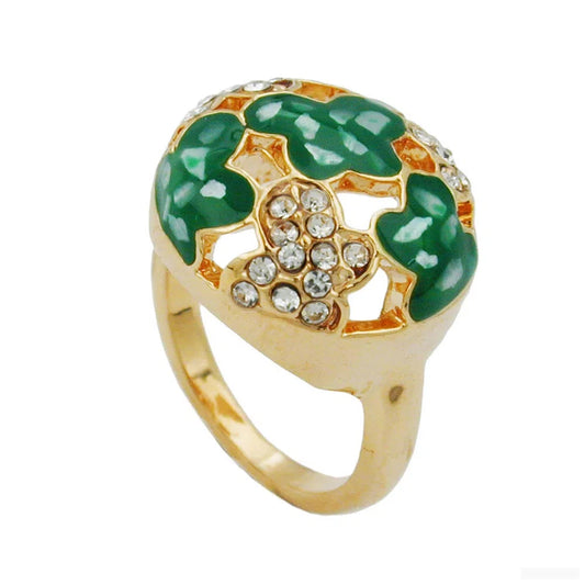 Ring 17mm mit weißen Glassteinen grün-emaillierten Flächen vergoldet-Ringe Modeschmuck-Schmuckhoelle.com