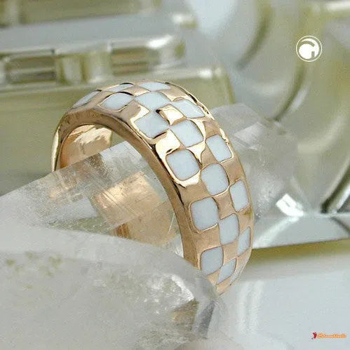 Ring 8mm Schachbrettmuster weiß emailliert vergoldet-Ringe Modeschmuck-Schmuckhoelle.com