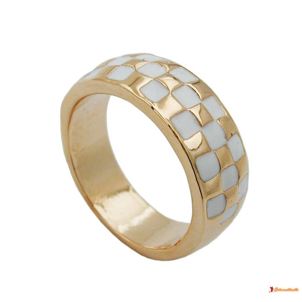 Ring 8mm Schachbrettmuster weiß emailliert vergoldet-Ringe Modeschmuck-Schmuckhoelle.com
