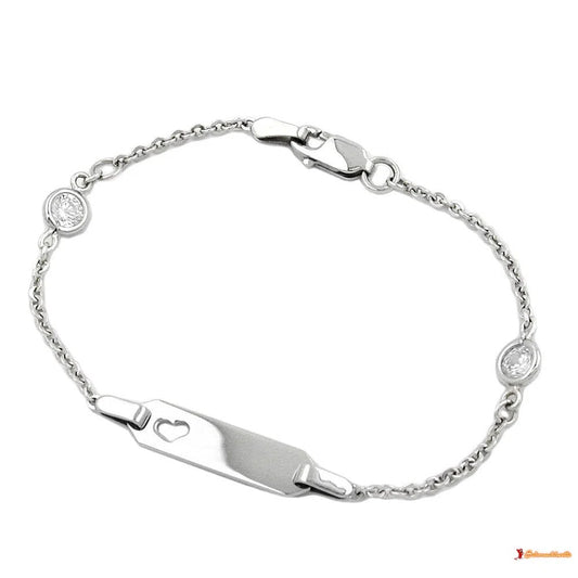 Schildarmband für Kinder 17mm Ankerkette mit Herz und 2 Zirkonias rhodiniert Silber 925 15cm-Kinder-Armbänder Silber-Schmuckhoelle.com