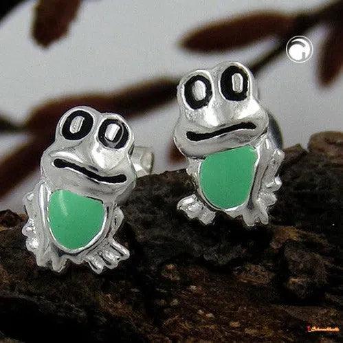 Stecker 8x5mm Kinderohrring Frosch grün-schwarz Silber 925-Kinder-Ohrstecker Silber-Schmuckhoelle.com