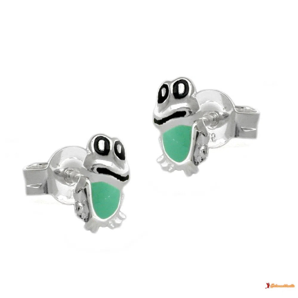 Stecker 8x5mm Kinderohrring Frosch grün-schwarz Silber 925-Kinder-Ohrstecker Silber-Schmuckhoelle.com